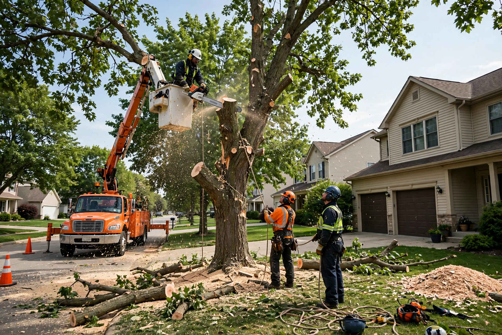 Tree removal Chillicothe IL — professional crew removing a large tree beside a suburban home
