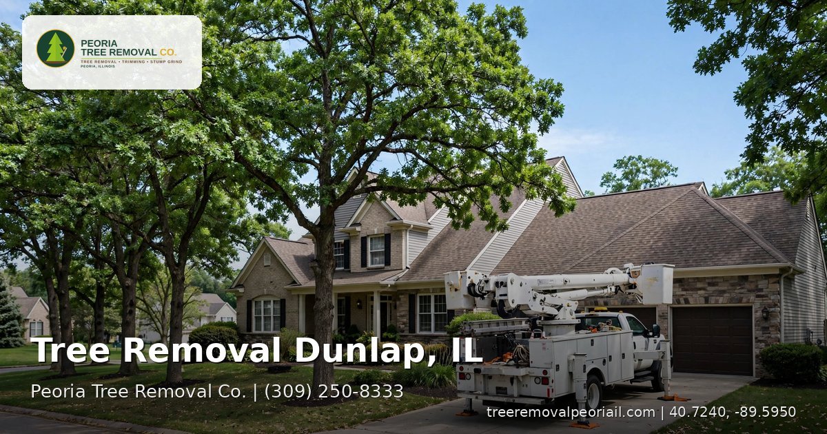 Tree removal in Dunlap, IL — tree service bucket truck at an upscale suburban home with mature oak trees