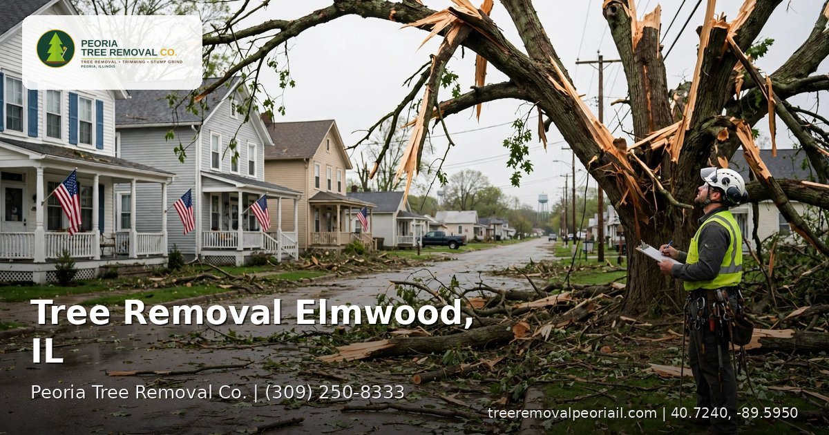 Tree removal in Elmwood, IL — arborist assessing a storm-damaged tree on a small-town Illinois street