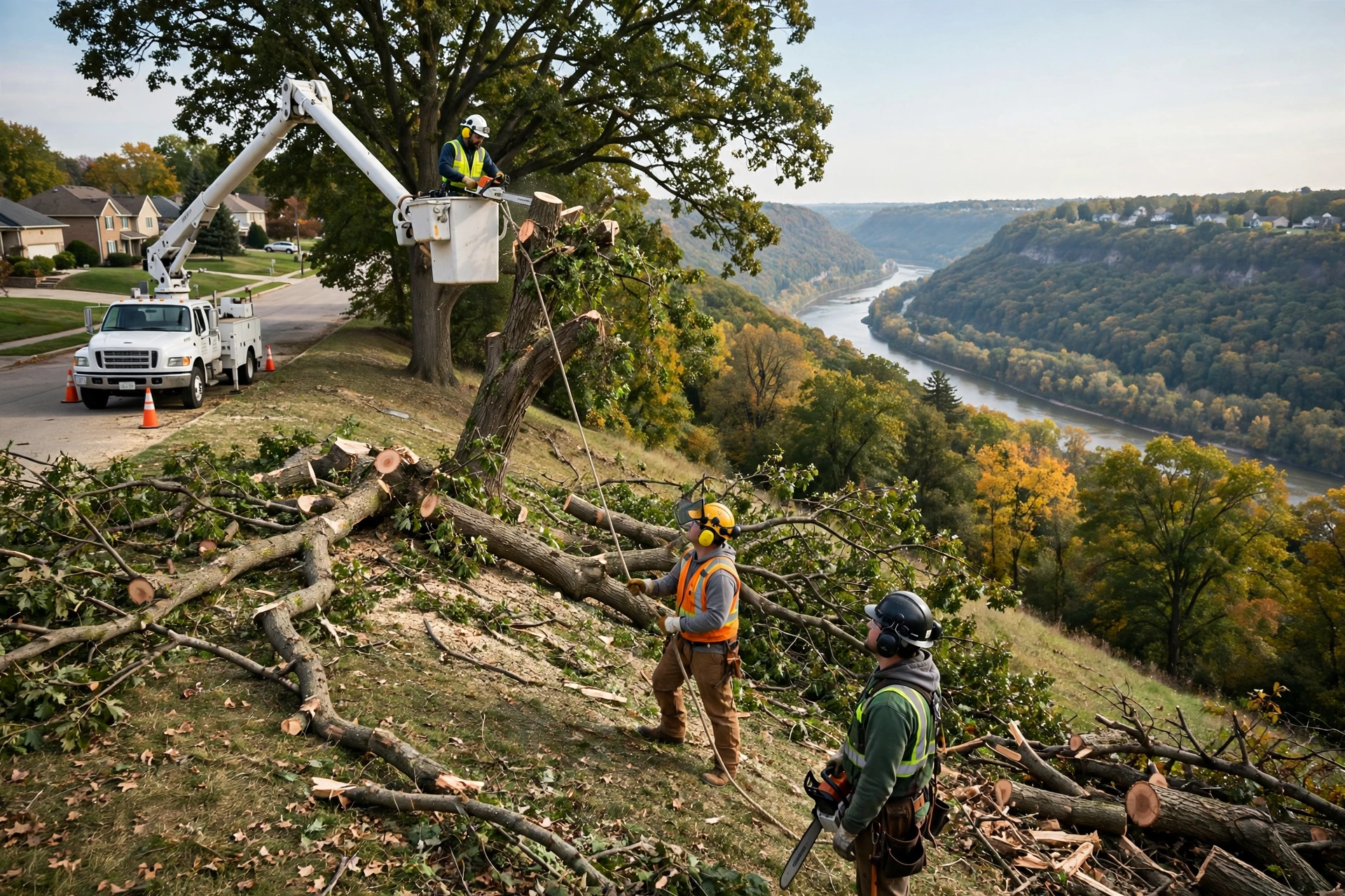 Tree removal Peoria Heights IL — professional crew removing a large tree on a sloped residential lot