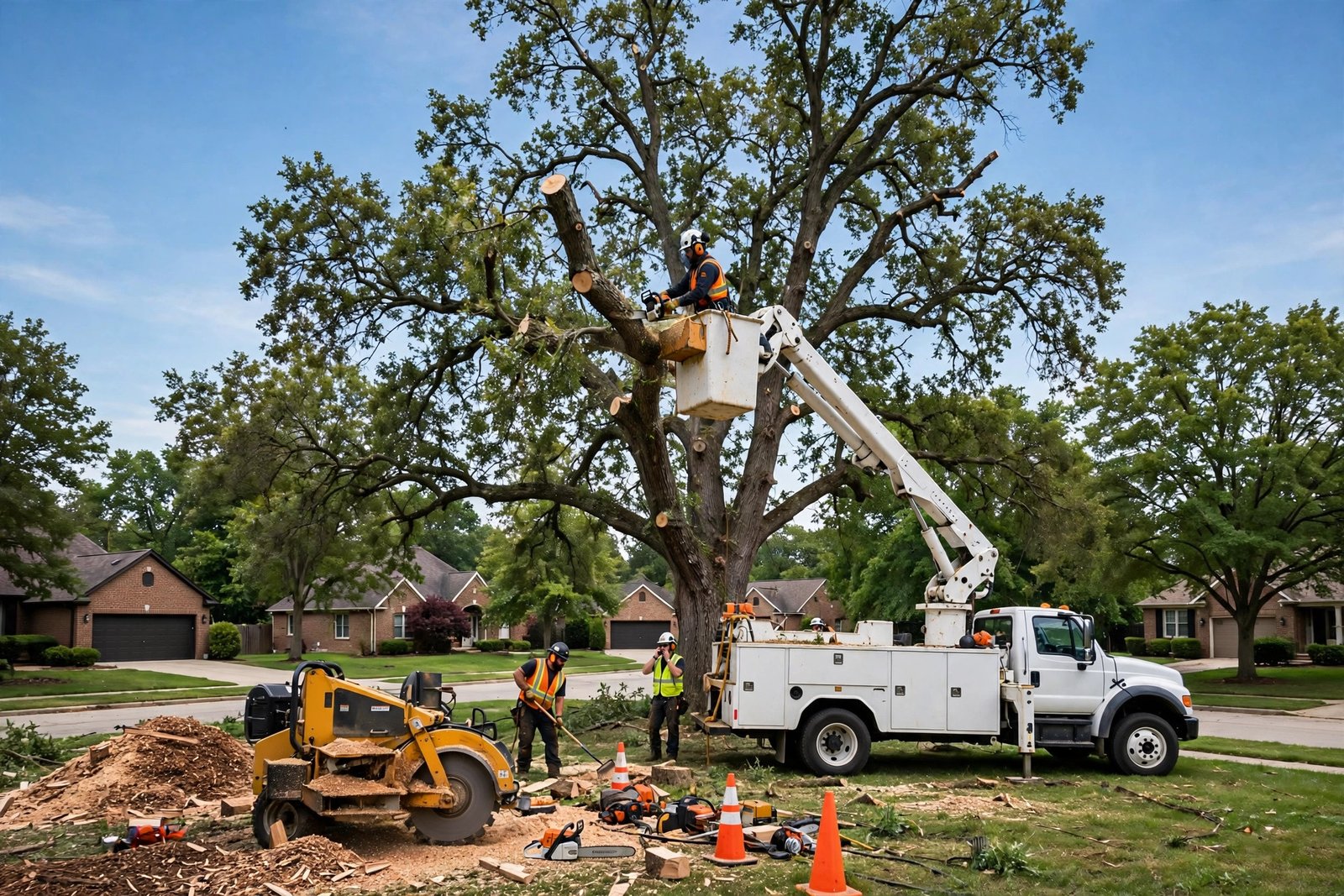 Professional tree removal in Peoria IL with crane lifting a large tree section over a house