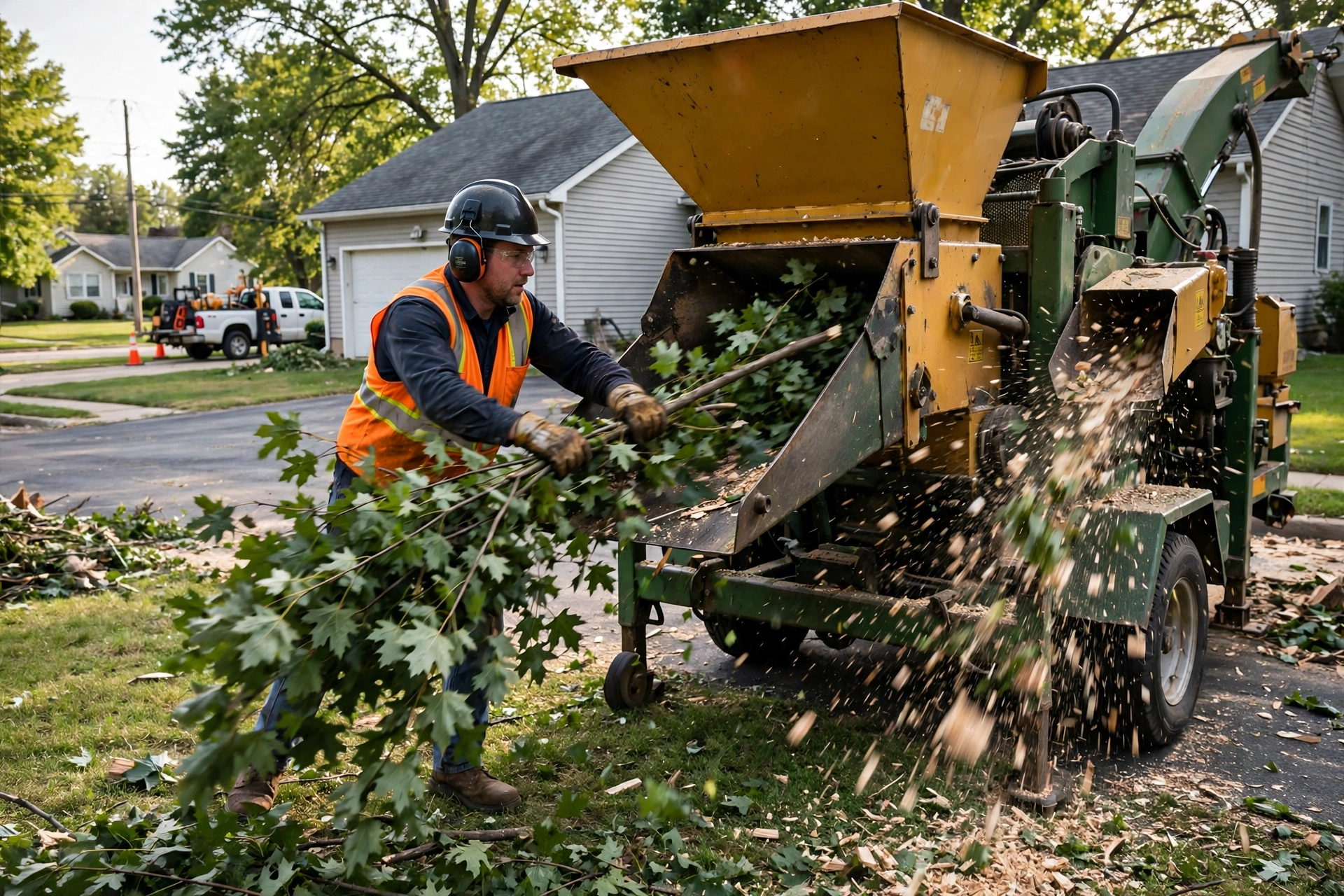 Tree removal process Chillicothe IL — crew feeding branches into wood chipper