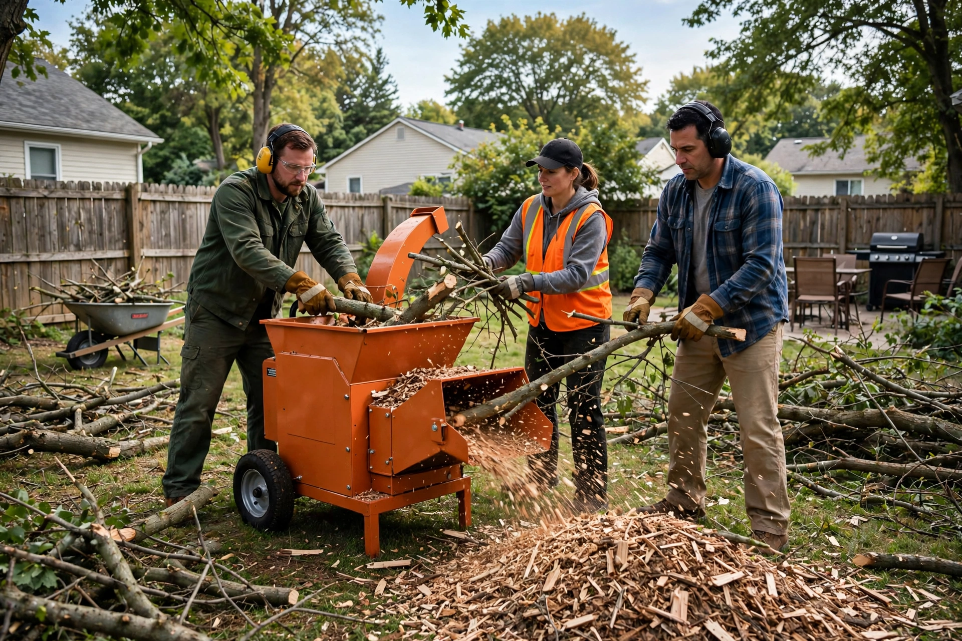 Tree removal process Peoria Heights IL — crew feeding branches into wood chipper