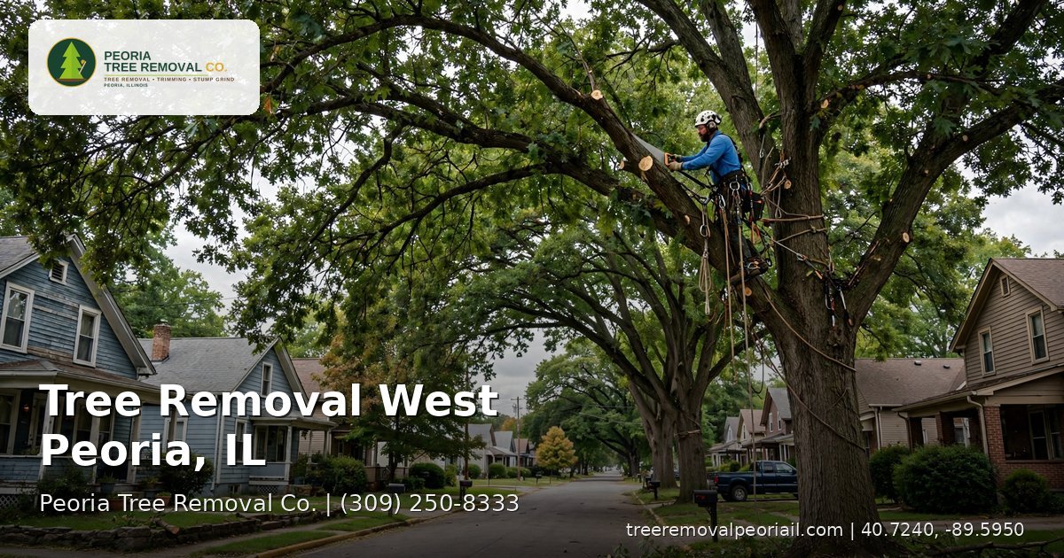 Tree removal in West Peoria, IL — arborist climber pruning high in a large mature shade tree on a bungalow street