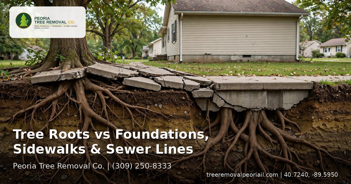 Tree roots vs foundations, sidewalks and sewer lines — exposed large roots lifting and cracking a concrete sidewalk near a house