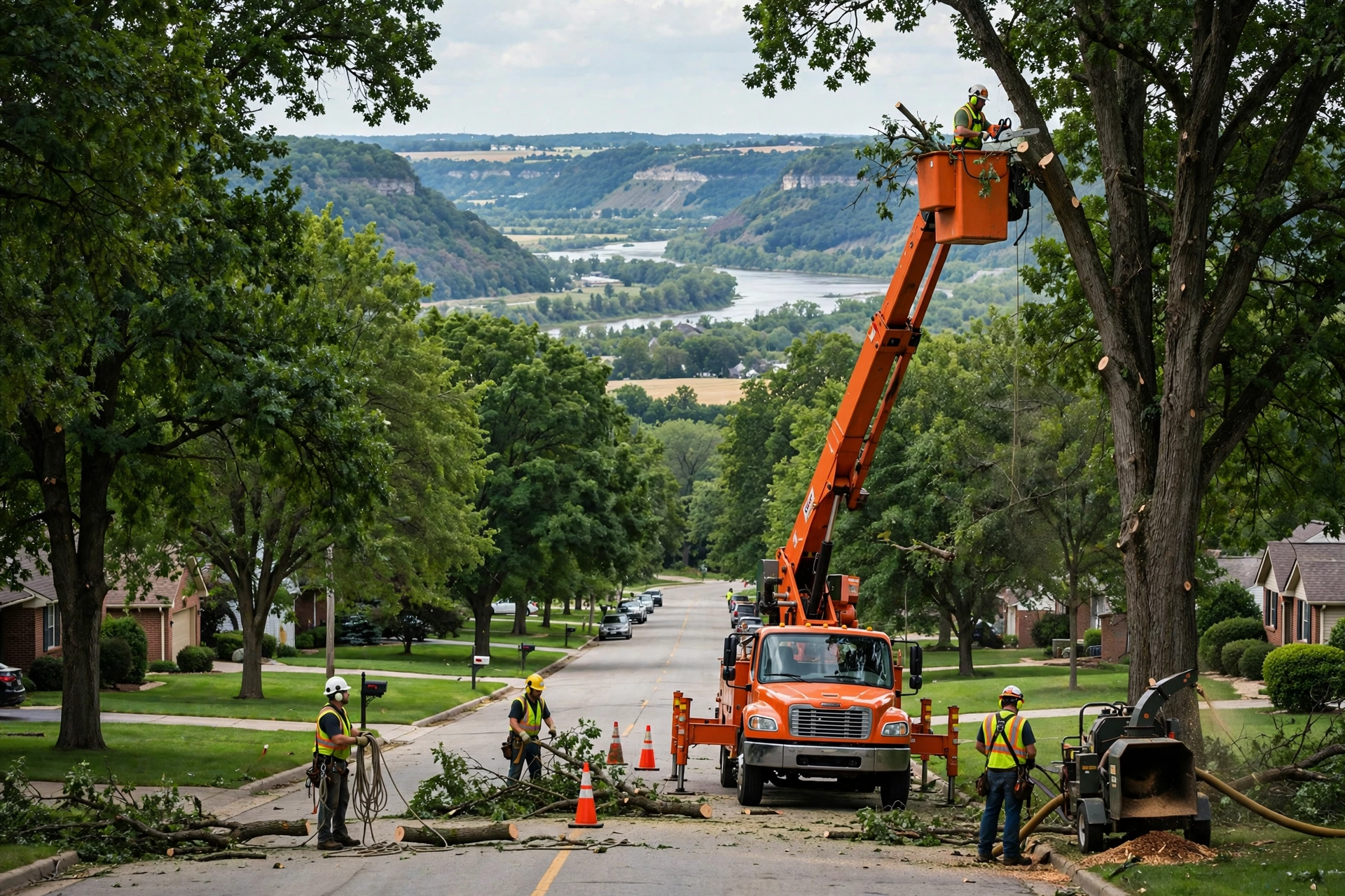 Tree service areas Peoria County IL — crew with bucket truck on a tree-lined suburban street