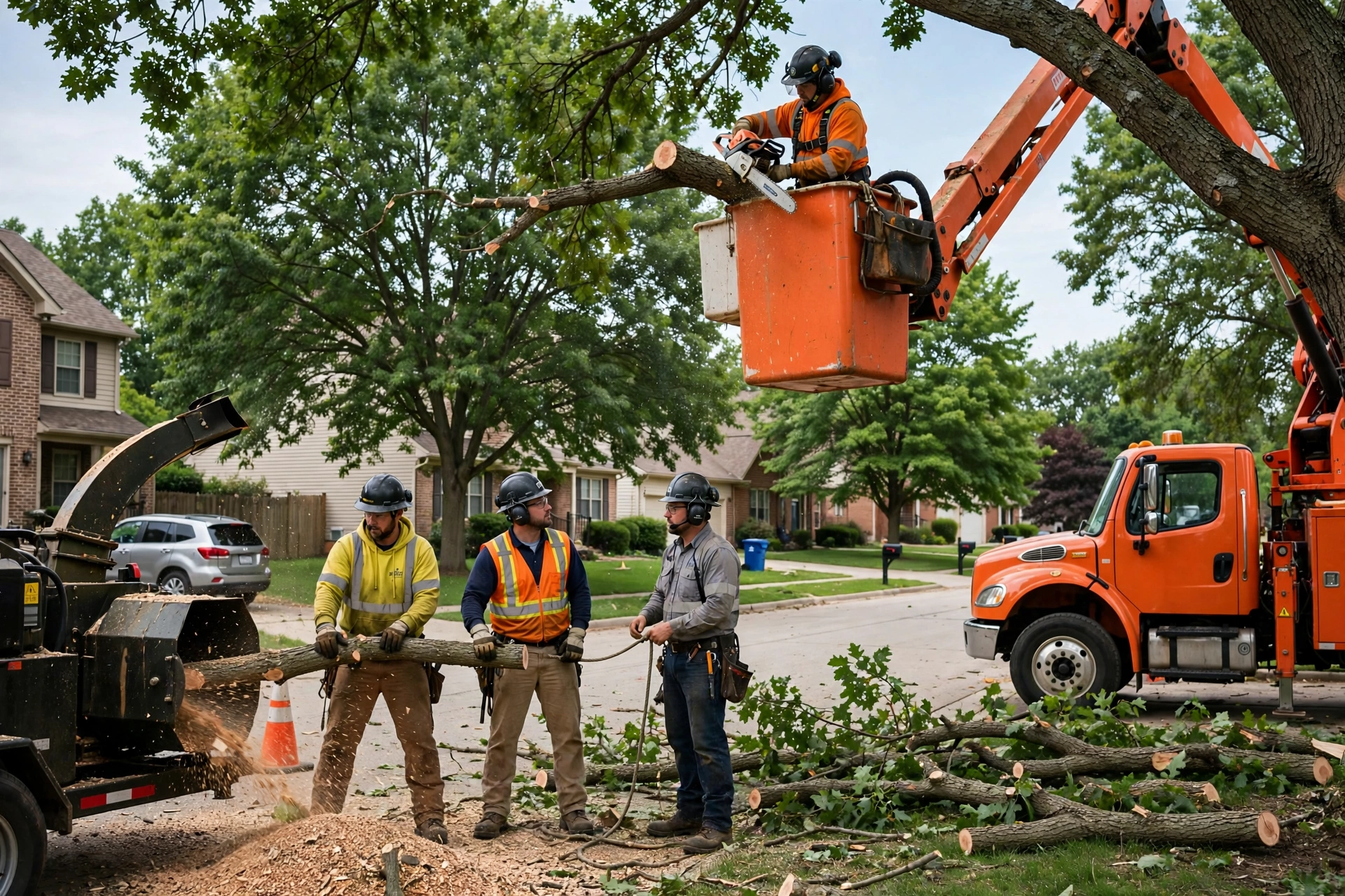 Peoria Tree Removal Co. crew with bucket truck and chipper in Chillicothe IL