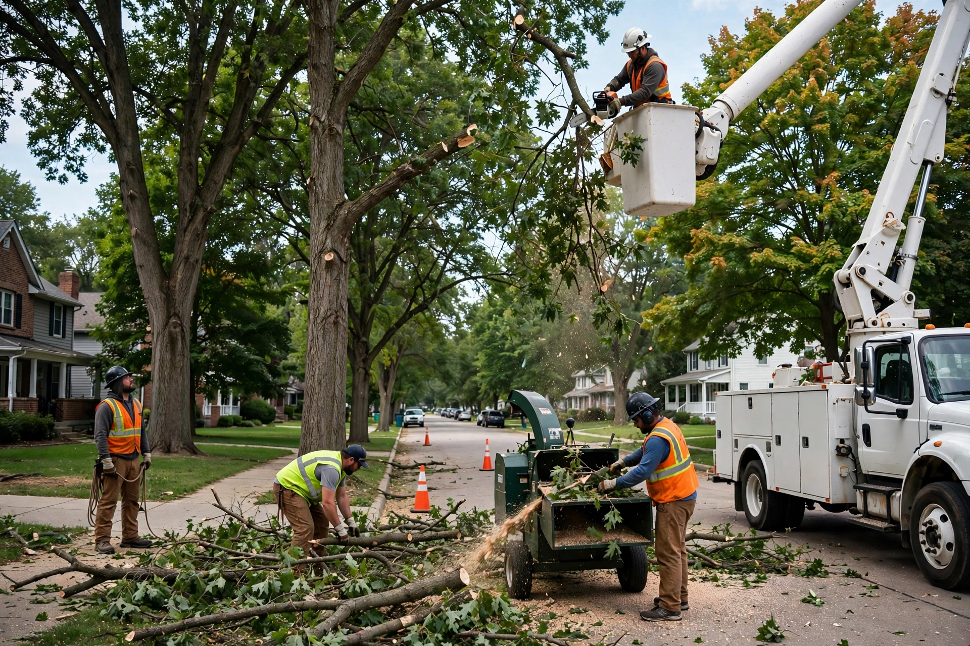 Peoria Tree Removal Co. crew with bucket truck and chipper in Peoria Heights IL