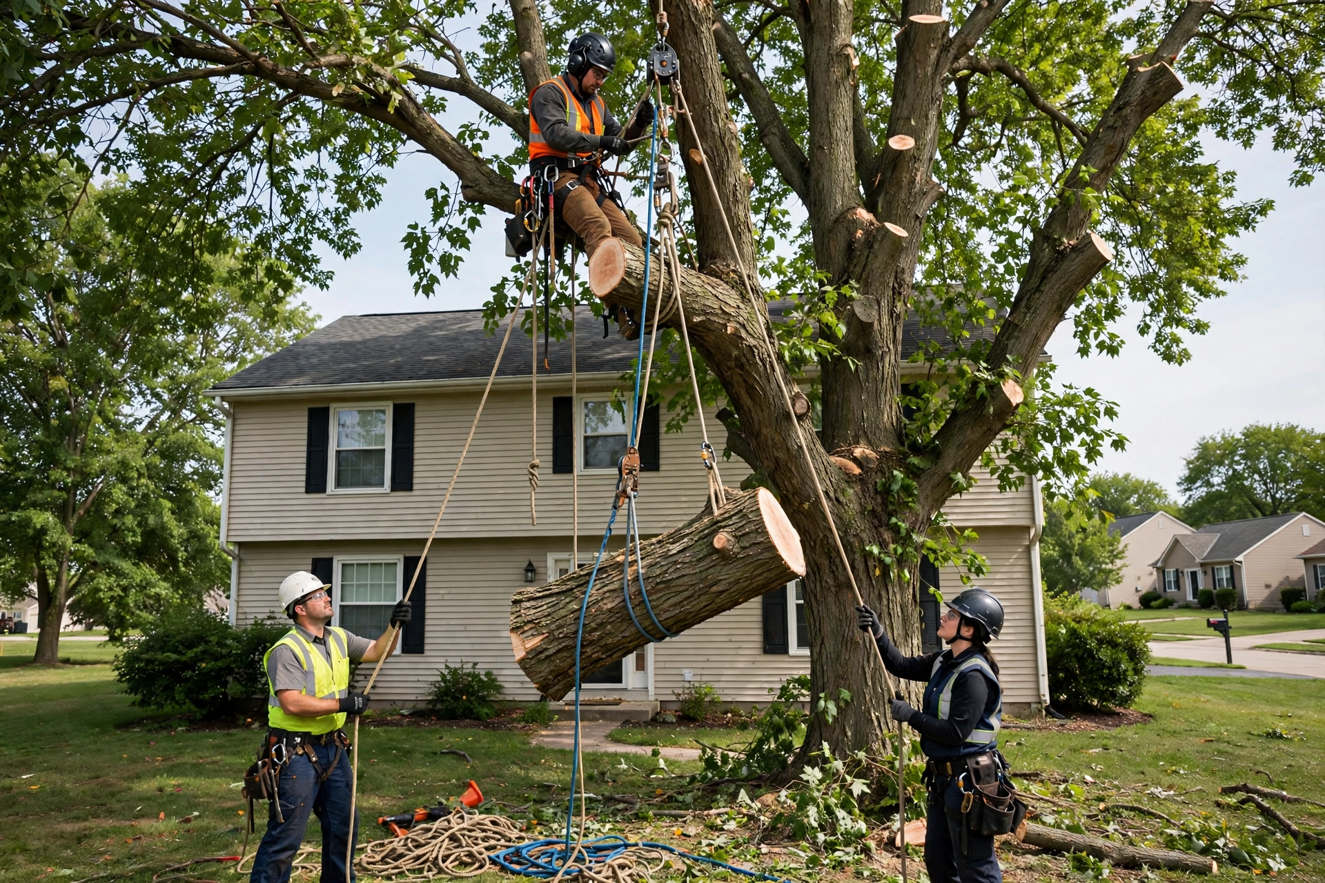 Tree removal close to house Peoria IL — crew rigging tree sections away from a home