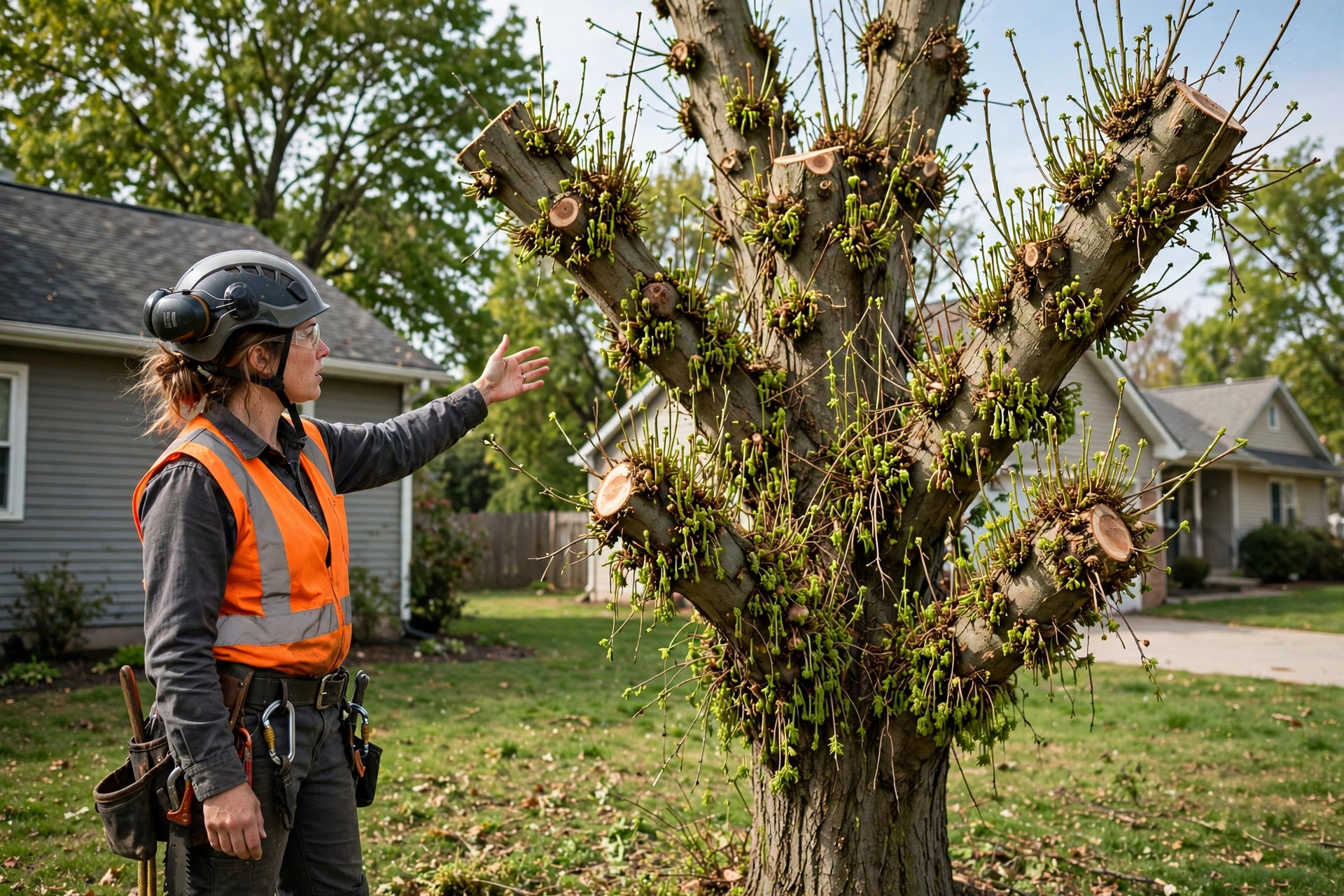 tree topping Peoria IL — topped maple tree with weak watersprout regrowth