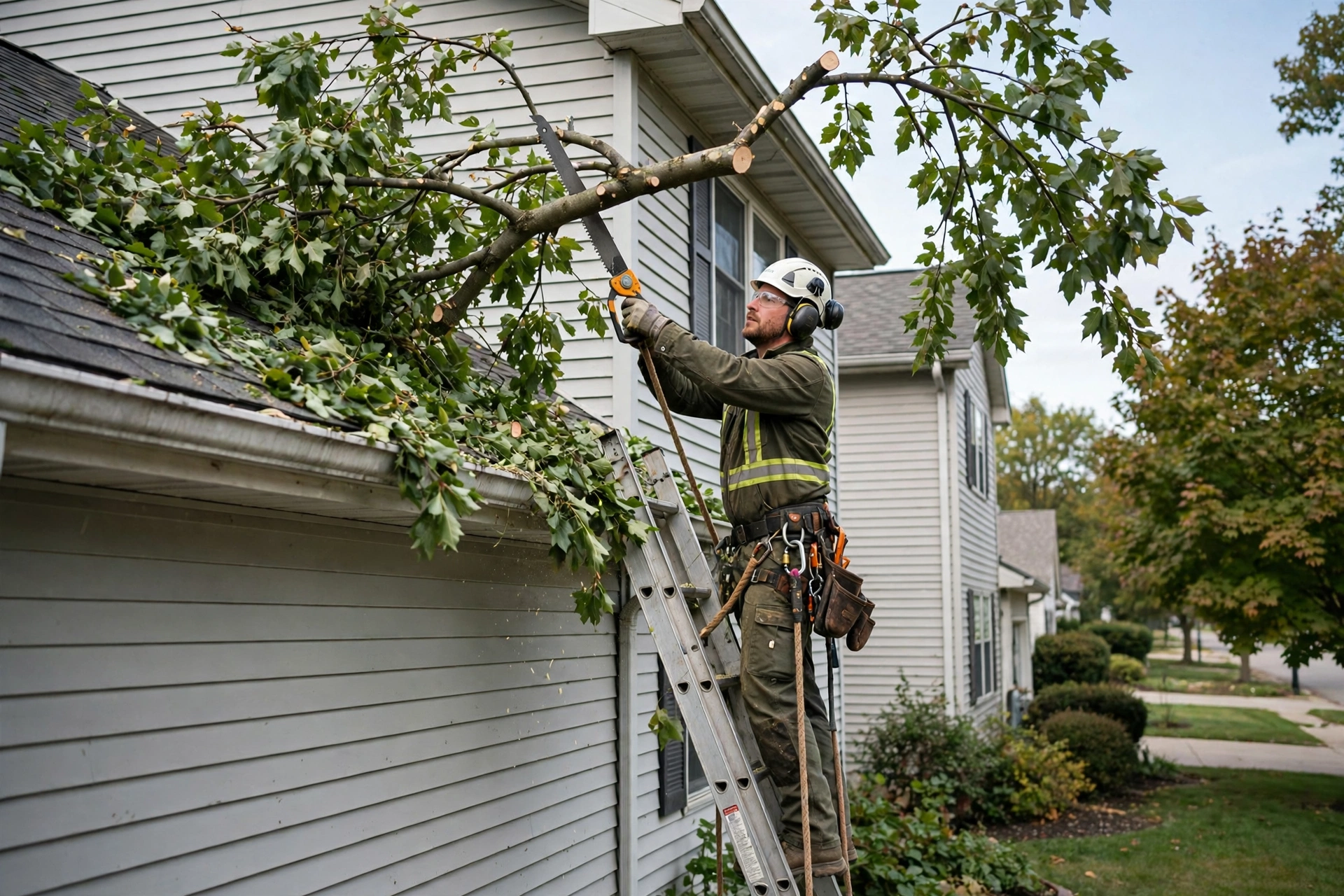 Tree trimming and pruning Peoria Heights IL — arborist trimming branches away from a roofline