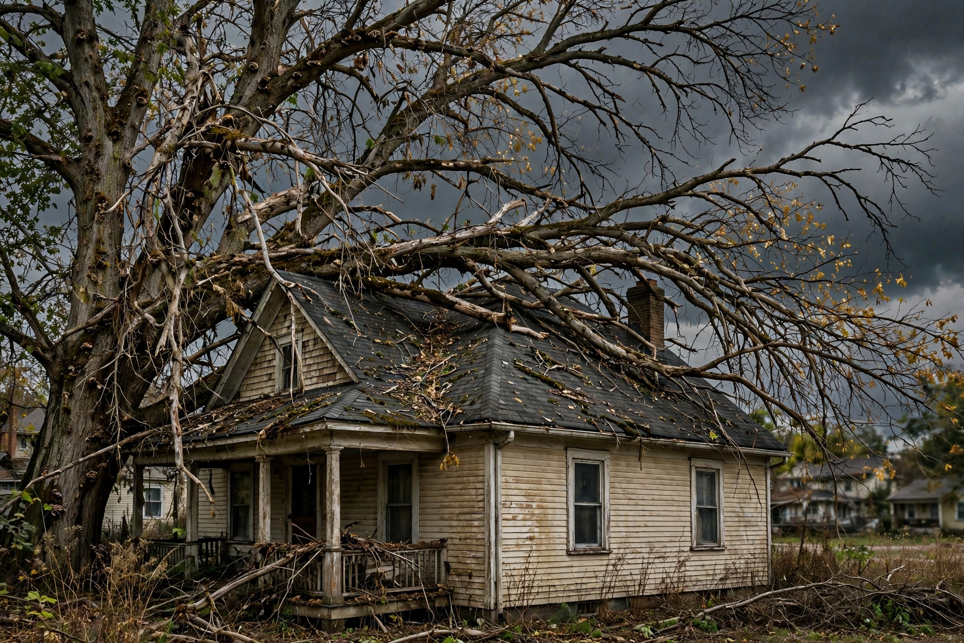 What happens if you never prune a tree in Peoria IL — overgrown neglected crown with dead limbs hanging over a yard