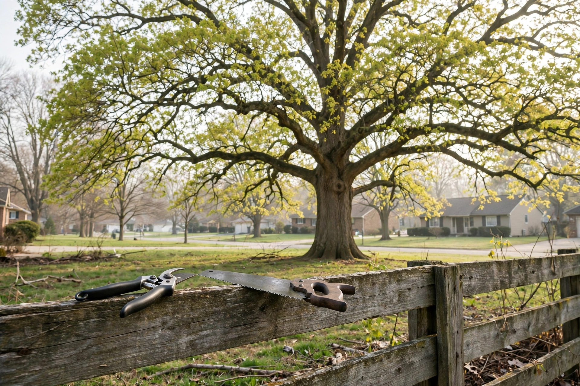 When not to trim trees in Central Illinois — a red oak with a fresh pruning wound during oak wilt season in Peoria IL