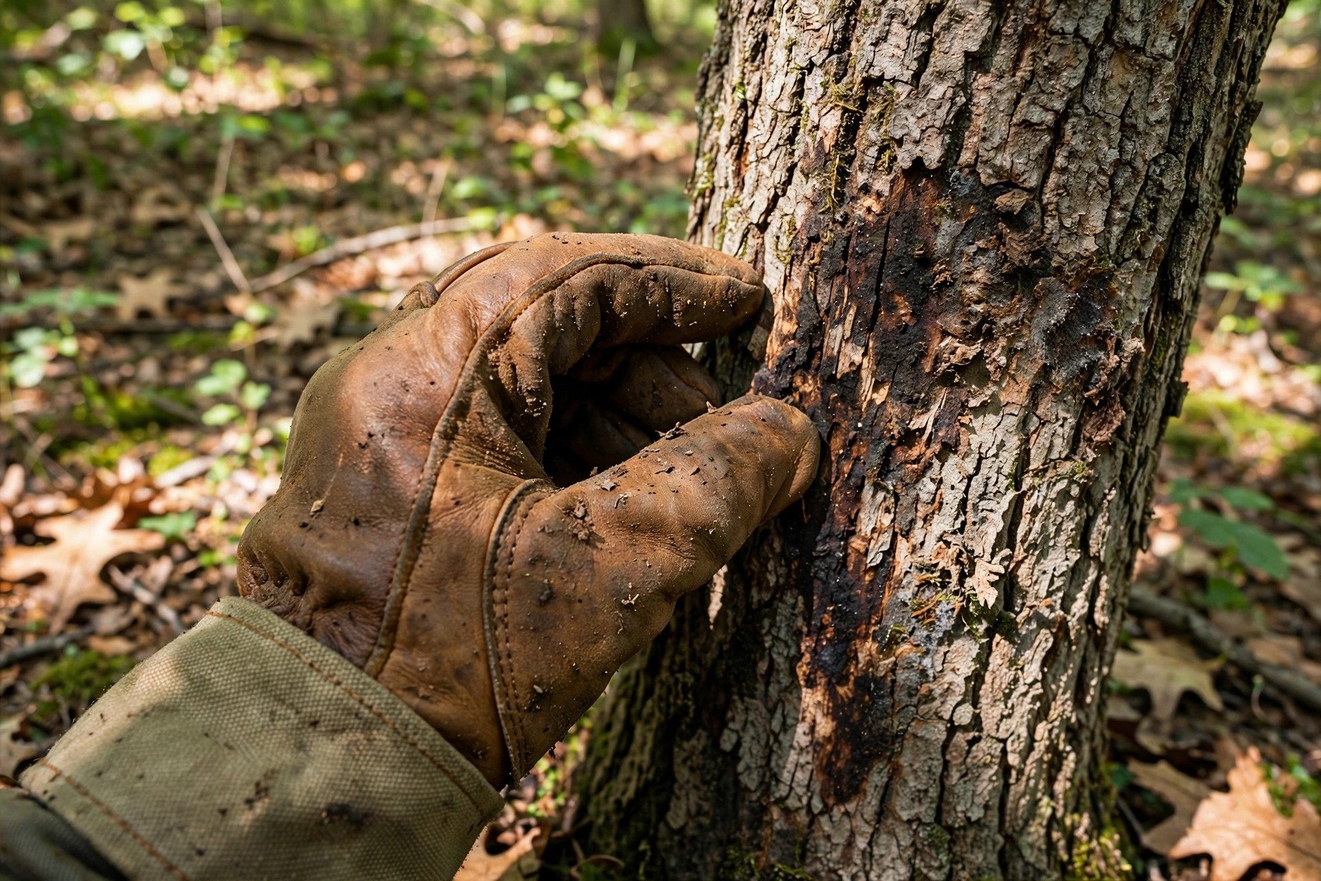 ISA Certified Arborist inspecting a newly planted tree in Peoria IL — when not to trim trees includes the first growing season after planting