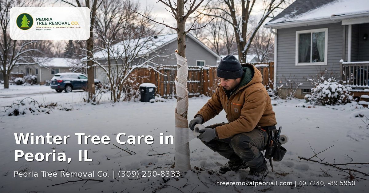 Winter tree care in Peoria, IL — arborist wrapping a young tree trunk with protective wrap in a snowy yard